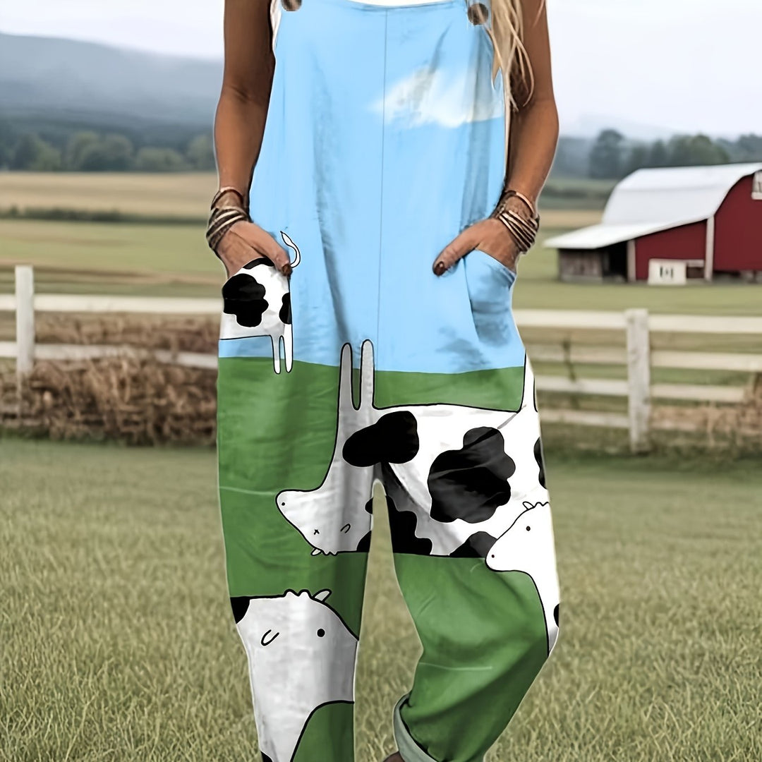 Mouwloze Romper Overall met Taxi Richtingaanwijzer Cartoonpatroonprint en Verstelbare Knopen - Boerderijkoe A61