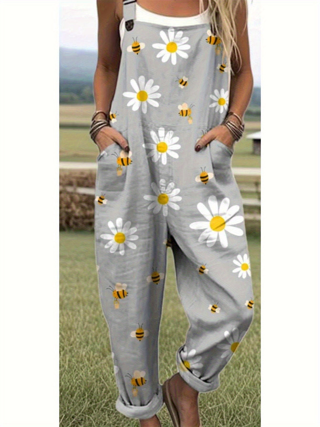 Plus Size - Plus Size - Plus Size Dames Casual Overalls met Bloemen Daisy Print, met Witte Madeliefjes en Gele Bijen, Gemaakt van Lichtgewicht Stof die Machinewasbaar is, Perfect voor Lente, Zomer en Herfst Casual Kleding, Bezoek aan de Boerderij, Picknic