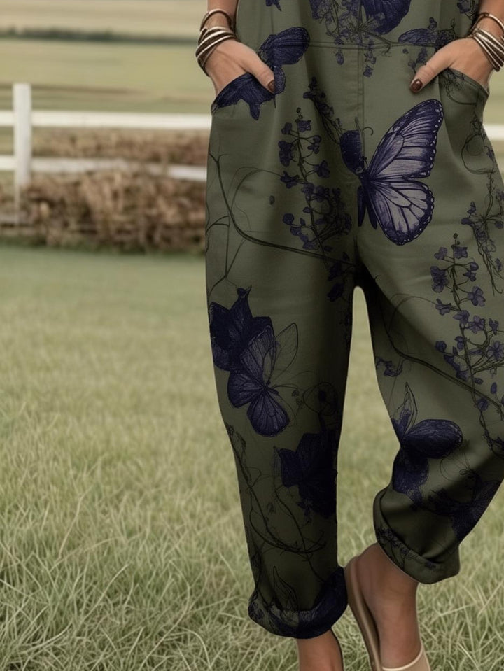 Plus Size - Plus Size - Dames Plus Size Volledig Bedrukte Jumpsuit met Vlinderdesign, Boheemse Stijl Overalls voor Casual Boerderijkleding, Perfect voor Zomerse Mode, Voorzien van Zakken, Ideaal voor Lente, Zomer en Herfst, Machinewasbaar