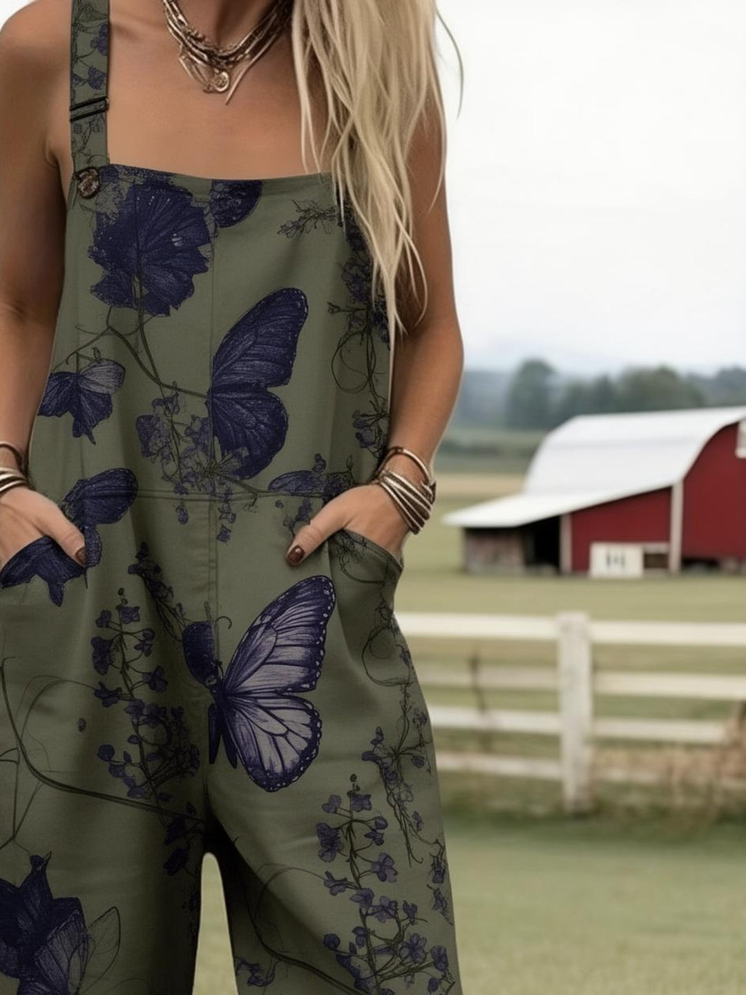 Plus Size - Plus Size - Dames Plus Size Volledig Bedrukte Jumpsuit met Vlinderdesign, Boheemse Stijl Overalls voor Casual Boerderijkleding, Perfect voor Zomerse Mode, Voorzien van Zakken, Ideaal voor Lente, Zomer en Herfst, Machinewasbaar