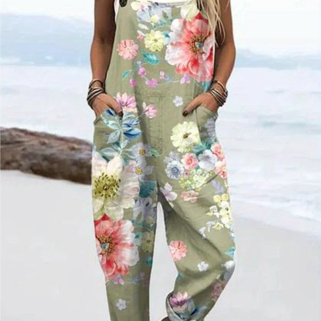Plus Size - Plus Size - Plus Size, Dames Plus Size Overalls Lente en Zomer Nieuwe Dames Leuke en Frisse Bloemen Dierenprint Casual en Comfortabele Schouderband Wijde Pijpen Jumpsuit Losse Versie, Zakknop Design, Niet Verstelbaar