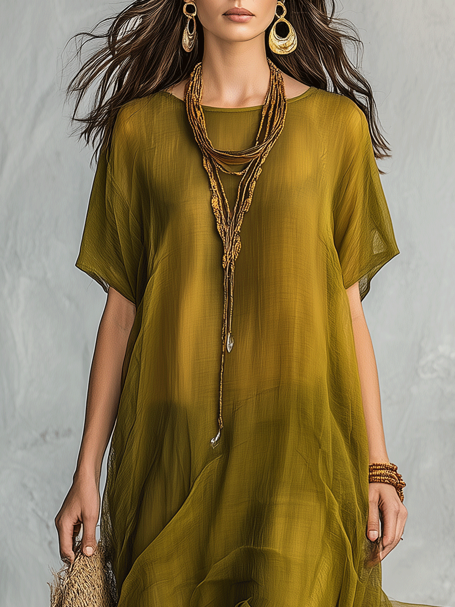Olive Green Bohemian Maxi Dress with Draped Silhouette