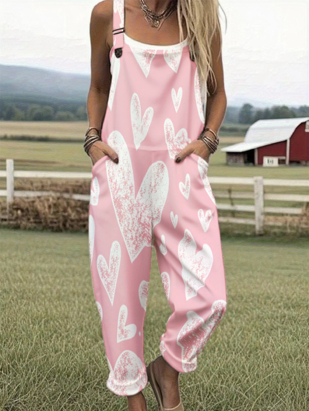 Grote maten, dames casual overalls met grote bloemen- en madeliefjesprint, jumpsuit met roze 'Love'-print, zomerse casual jurkenset voor dames, geschikt voor boerderijen en buiten, losse versie, met zakken, woon-werk- en vakantiestijl, machinewasbaar