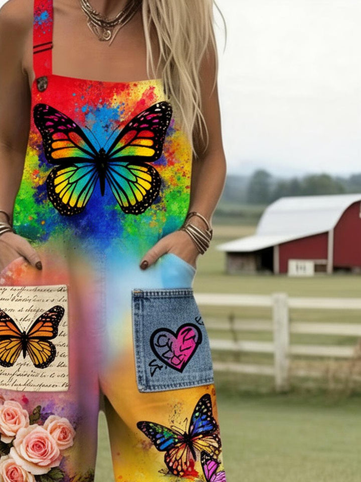 Plus Size - Plus Size - Plus Size, Dames Volledig Bedrukte Overalls Jumpsuit Kleurrijke Vlinderprint Overalls Boho Stijl Dames Jumpsuit Tuinfeest Outfit Zomer Mode Print Romper met Zakken, Geschikt voor Lente Zomer Herfst