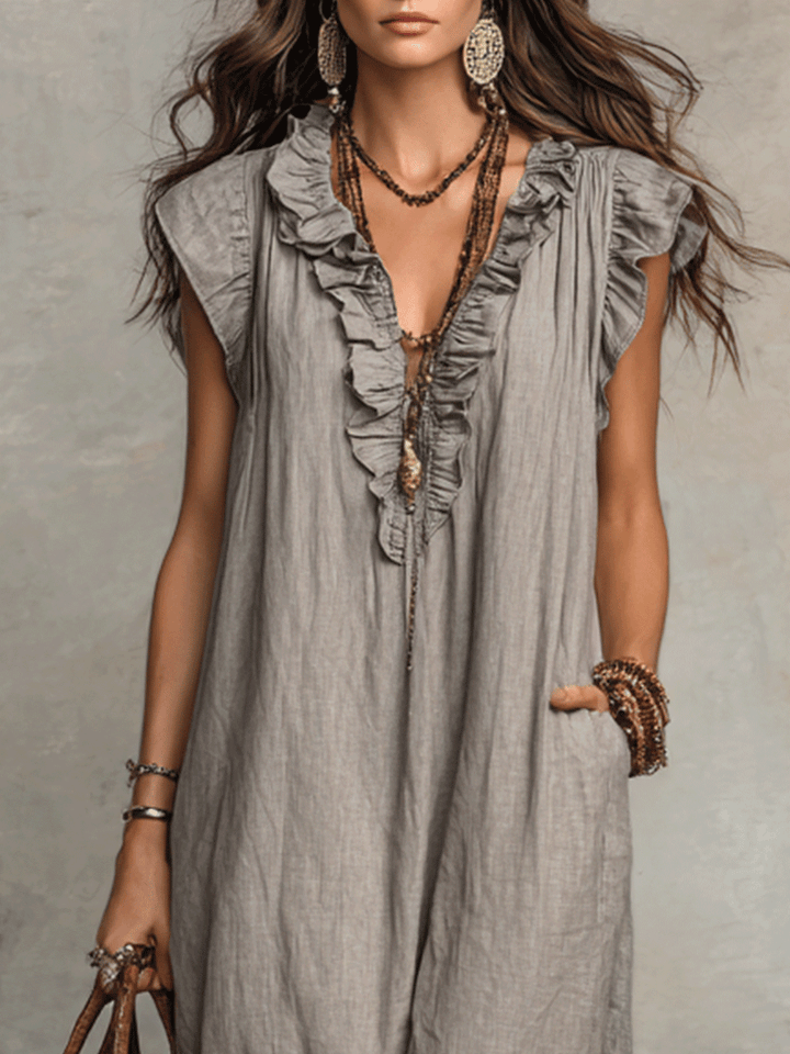 Bohemian Sleeveless Ruffled V-Neck Flowing Maxi Dress