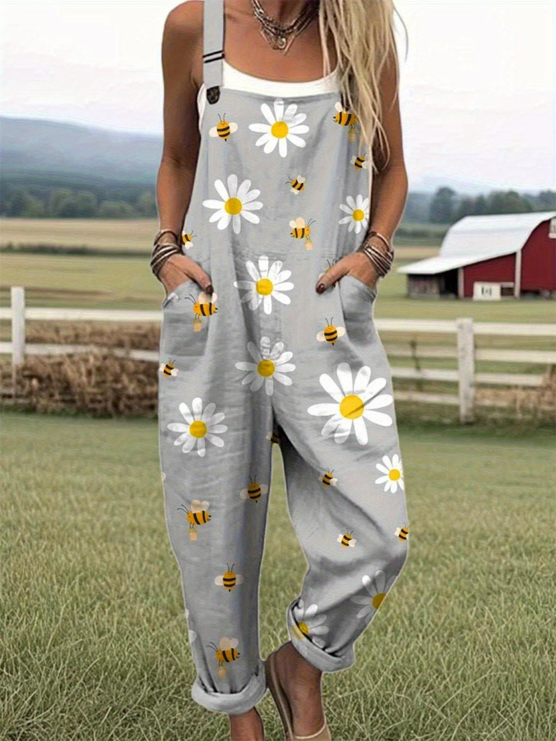 Plus Size - Plus Size - Plus Size Dames Casual Overalls met Bloemen Daisy Print, met Witte Madeliefjes en Gele Bijen, Gemaakt van Lichtgewicht Stof die Machinewasbaar is, Perfect voor Lente, Zomer en Herfst Casual Kleding, Bezoek aan de Boerderij, Picknic