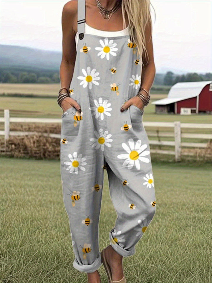 Plus Size - Plus Size - Plus Size Dames Casual Overalls met Bloemen Daisy Print, met Witte Madeliefjes en Gele Bijen, Gemaakt van Lichtgewicht Stof die Machinewasbaar is, Perfect voor Lente, Zomer en Herfst Casual Kleding, Bezoek aan de Boerderij, Picknic