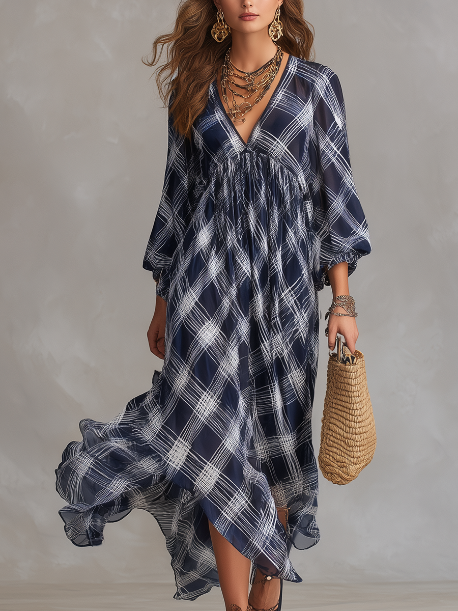 French Style Relaxed Navy Blue Checked Flowing Maxi Dress