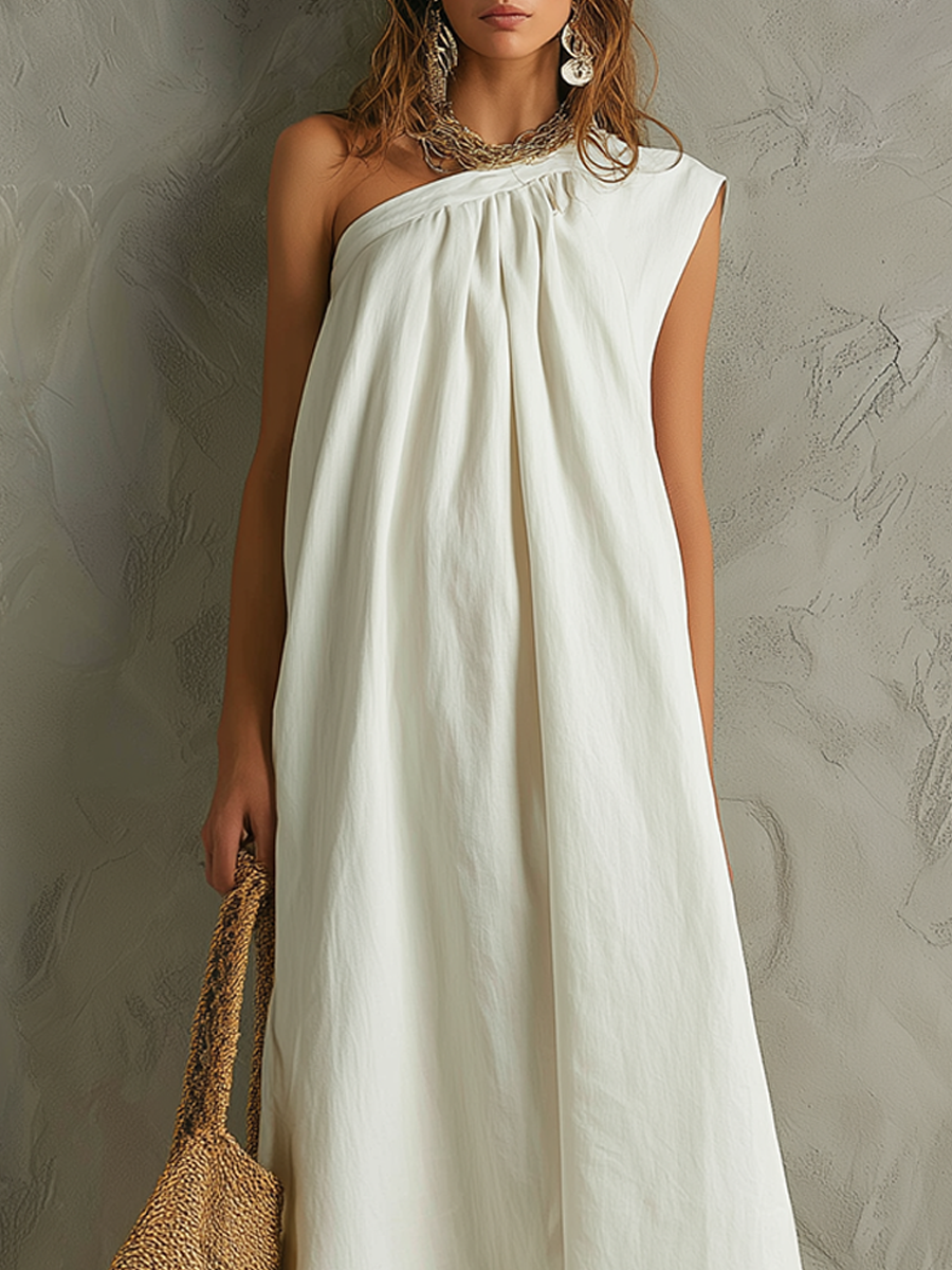 White Minimalist Maxi Dress with One Shoulder and a Resort Vibe