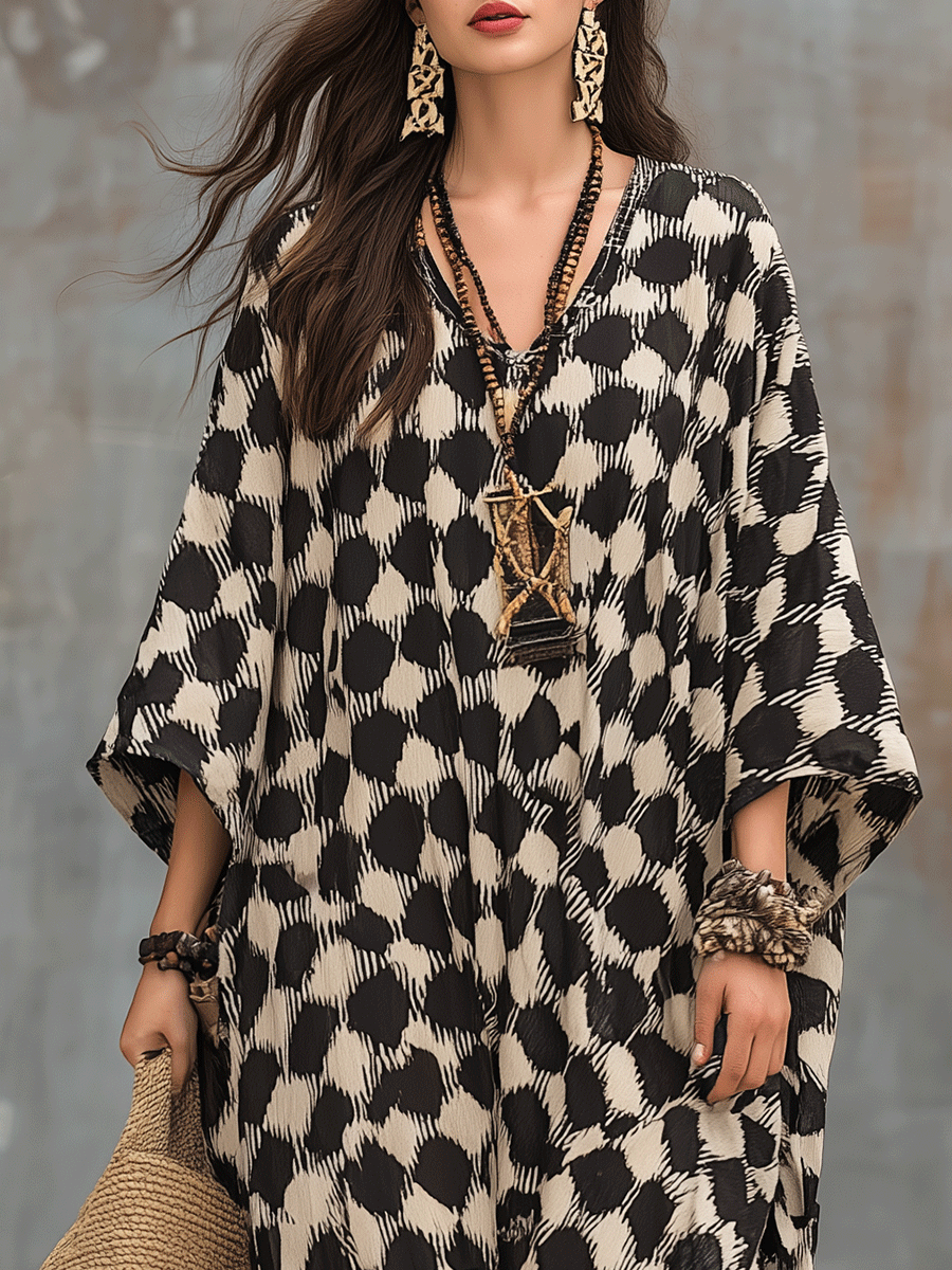 Bohemian Inspired Relaxed Fit Polka Dot Kaftan Maxi Dress