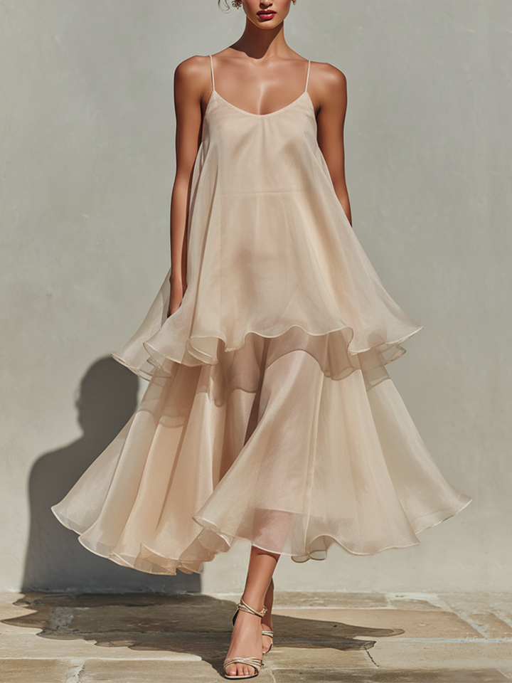 Eloria – Champagne Chiffon Midi Dress with Ruffle Layers