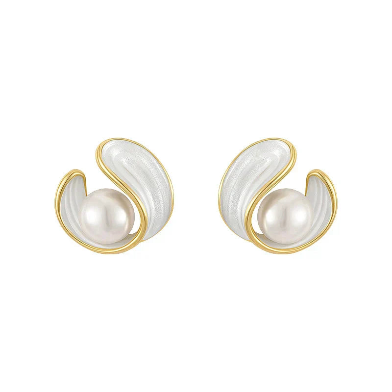 Gold Pearl and White Enamel Stud Earrings
