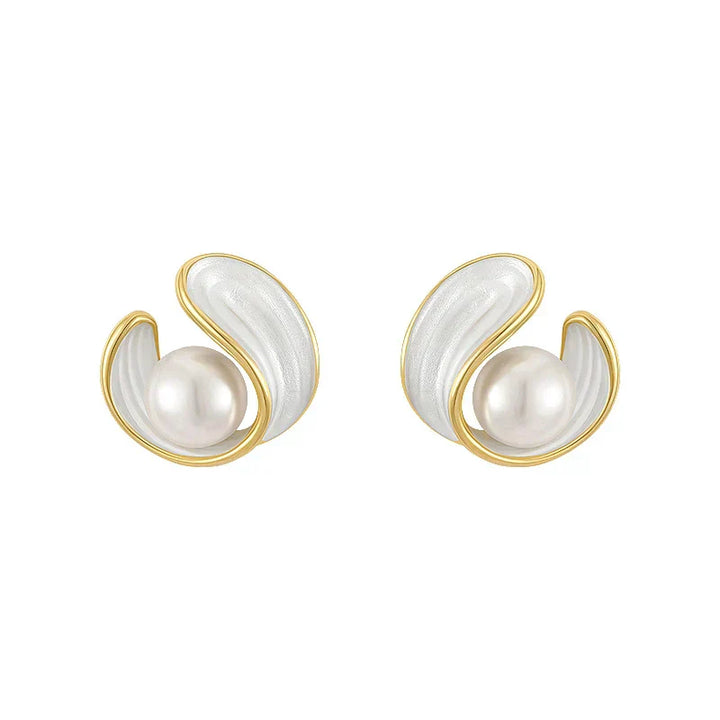 Gold Pearl and White Enamel Stud Earrings