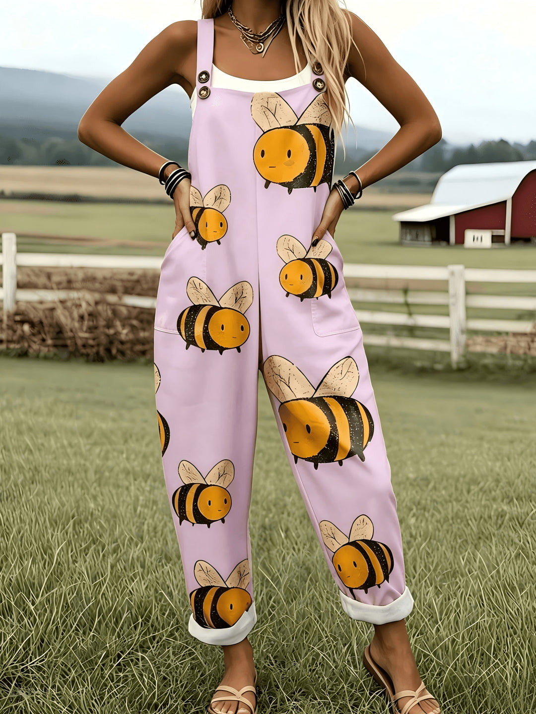 Groene Jumpsuit met Cartoon Bijenpatroon - 0578