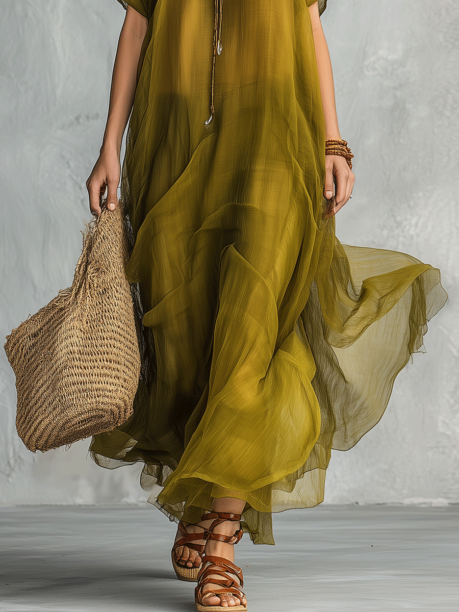 Olive Green Bohemian Maxi Dress with Draped Silhouette
