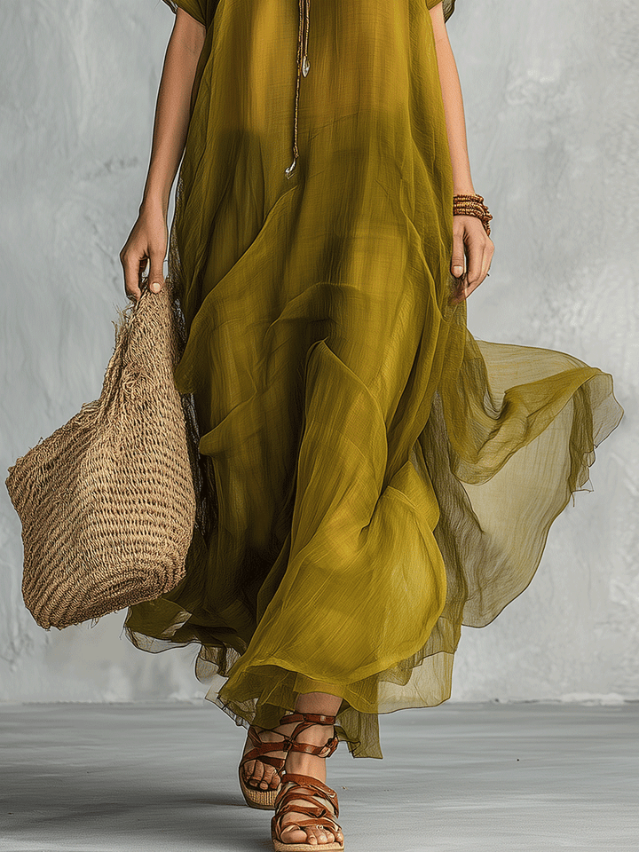 Olive Green Bohemian Maxi Dress with Draped Silhouette