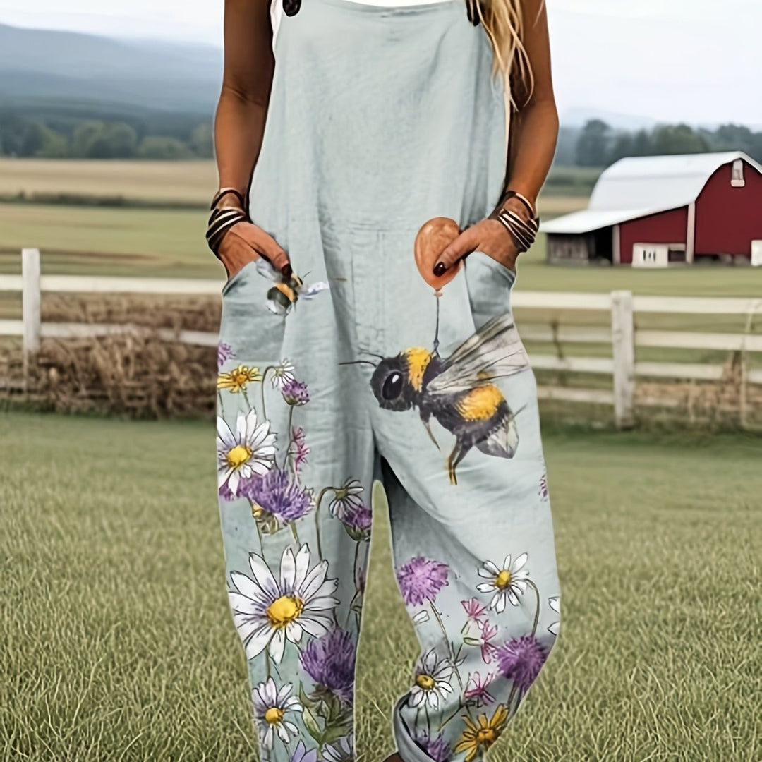Plus Size - Plus Size - Plus Size Dames Casual Bedrukte Overalls, met een Landelijke Stijl met Bij- en Bloemmotieven. Deze Loszittende Zomer Werkbroeken zijn Perfect voor een Frisse Look.