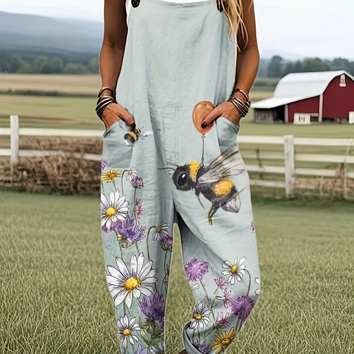 Plus Size - Plus Size - Plus Size Dames Casual Bedrukte Overalls, met een Landelijke Stijl met Bij- en Bloemmotieven. Deze Loszittende Zomer Werkbroeken zijn Perfect voor een Frisse Look.