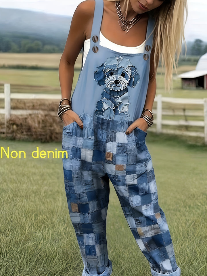 [Bedrukte Broek - Geen Denim Stof] Puppy Imitatie Denim Patchwork Print Losse Casual Mouwloze Tuinbroek met Zakken - BJ040