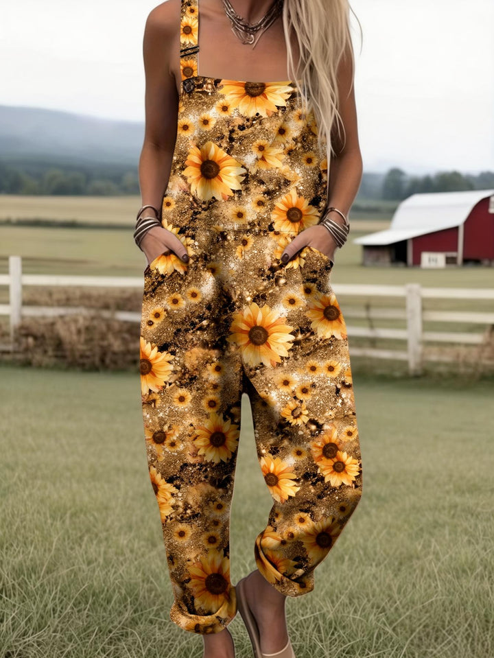 Plus Size - Plus Size - Plus Size, Dames Full Bedrukte Overalls Jumpsuit Zonnebloem Print Jumpsuit Dames Boho Overalls Landelijke Boerderij Stijl Casual Zomer Outfit Print Romper met Zakken, Geschikt voor Lente Zomer Herfst, Machinewasbare Casual Outfit