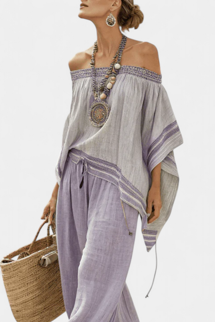 Serenella - off-shoulder top and wide-leg trousers in stripes