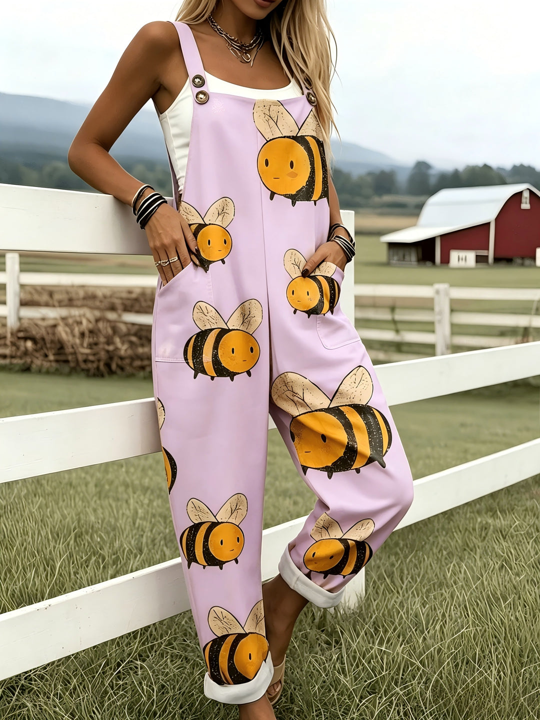 Groene Jumpsuit met Cartoon Bijenpatroon - 0578