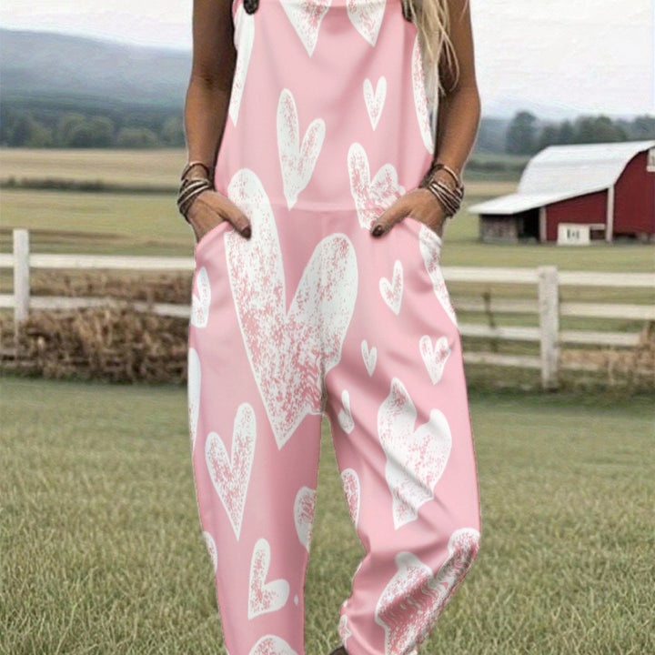 Grote maten, dames casual overalls met grote bloemen- en madeliefjesprint, jumpsuit met roze 'Love'-print, zomerse casual jurkenset voor dames, geschikt voor boerderijen en buiten, losse versie, met zakken, woon-werk- en vakantiestijl, machinewasbaar