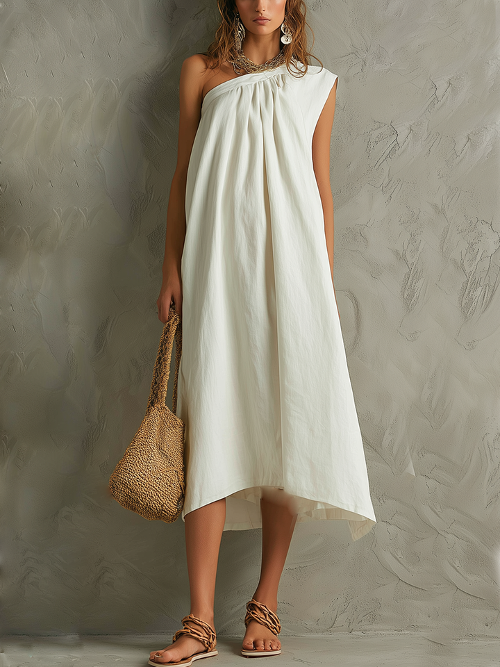 White Minimalist Maxi Dress with One Shoulder and a Resort Vibe
