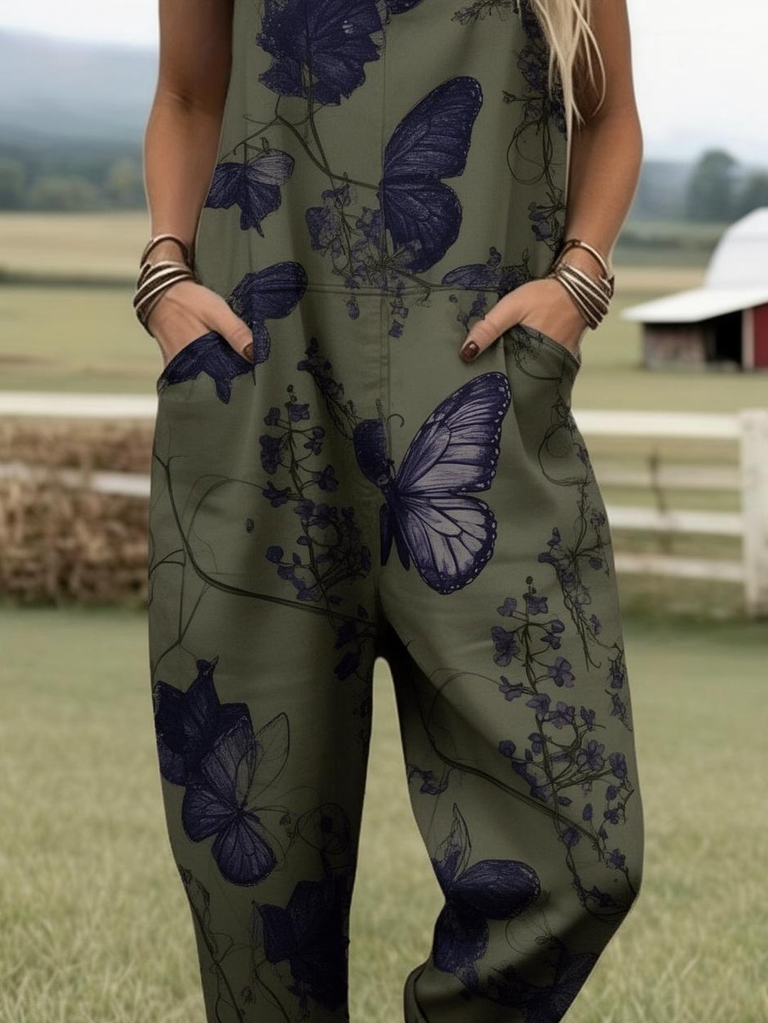 Plus Size - Plus Size - Dames Plus Size Volledig Bedrukte Jumpsuit met Vlinderdesign, Boheemse Stijl Overalls voor Casual Boerderijkleding, Perfect voor Zomerse Mode, Voorzien van Zakken, Ideaal voor Lente, Zomer en Herfst, Machinewasbaar