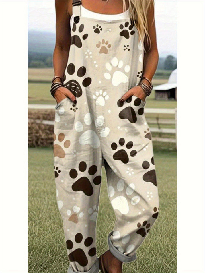 Grote maten, elegante overall voor dames in grote maten - Beige en bruine pootafdrukpatronen, machinewasbare polyester overall voor dierenliefhebbers, alledaagse en formele kleding - Comfortabele H-vormige contour met speels dierenpootafdrukontwerp