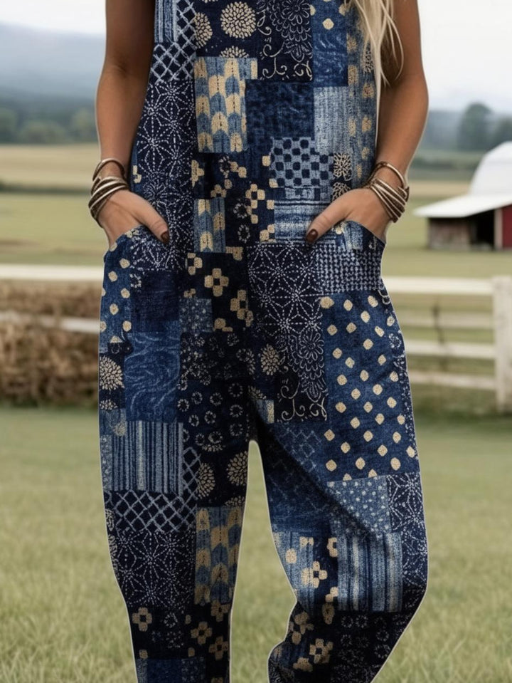 Plus Size - Plus Size - Plus Size, Dames Full Printed Overalls Jumpsuit Boho Patchwork Overalls Dames Boheemse Stijl Blauwe Print Jumpsuit Casual Zomer Outfit Boerderij Veld Look Print Romper met Zakken, Geschikt voor Lente Zomer Herfst