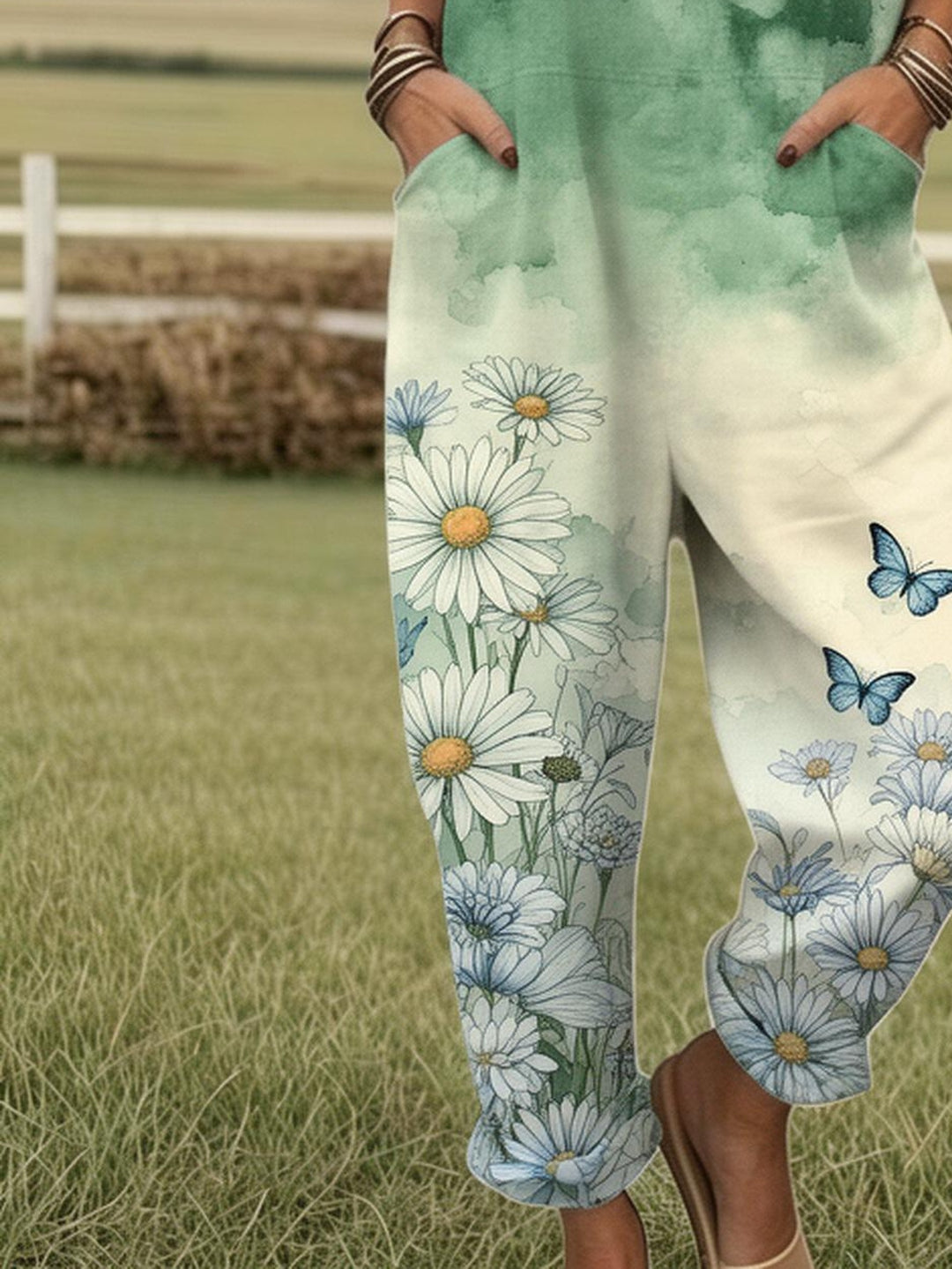Plus Size - Plus Size - Plus Size, Dames Volledig Bedrukte Overalls Jumpsuit Vlinder Madeliefje Print Jumpsuit Dames Boho Zomer Overalls Bloemen Tuin Outfit Casual Losse Broek Print Romper met Zakken, Geschikt voor Lente Zomer Herfst