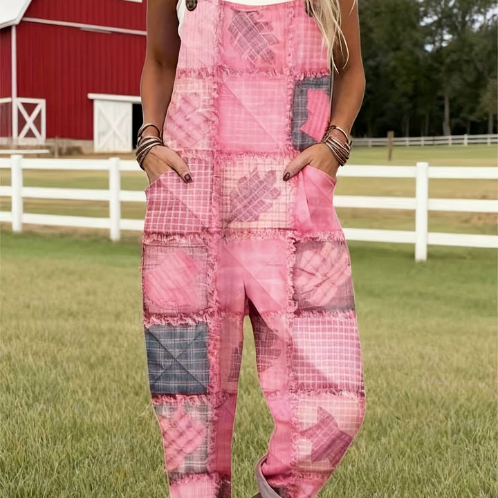 Grote maten, roze patchwork geruite tuinbroek, zomerse casual jumpsuit voor dames, losvallende broek, trendy