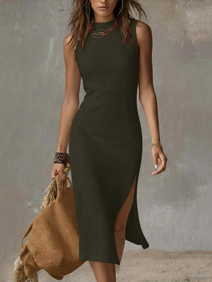 Collarless Midi Dress with Split at the Hem.