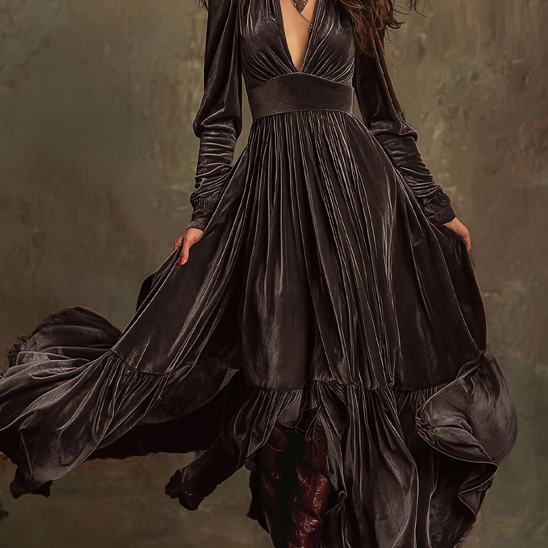 SERAFINA | RETRO OVERSIZED SKIRT LONG DRESS WITH DEEP V-NECK