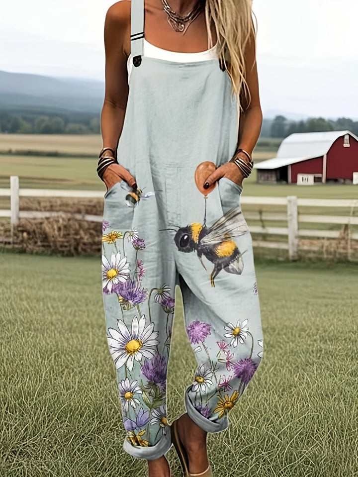 Plus Size - Plus Size - Plus Size Dames Casual Bedrukte Overalls, met een Landelijke Stijl met Bij- en Bloemmotieven. Deze Loszittende Zomer Werkbroeken zijn Perfect voor een Frisse Look.