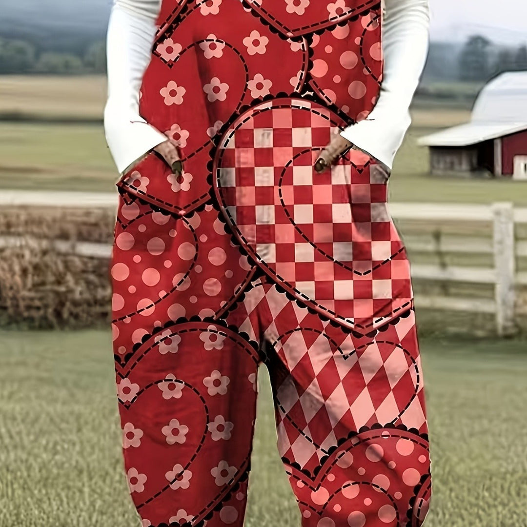 Plus Size - Plus Size - Plus Size Dames Casual Bedrukte Overalls, Rood Geruit Bloemmotief Bretels, Losvallende Lange Broek in Landelijke Stijl, Nieuwe Modieuze Damesbroek voor de Lente