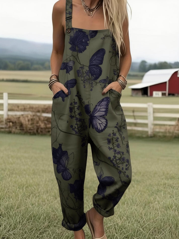 Plus Size - Plus Size - Dames Plus Size Volledig Bedrukte Jumpsuit met Vlinderdesign, Boheemse Stijl Overalls voor Casual Boerderijkleding, Perfect voor Zomerse Mode, Voorzien van Zakken, Ideaal voor Lente, Zomer en Herfst, Machinewasbaar