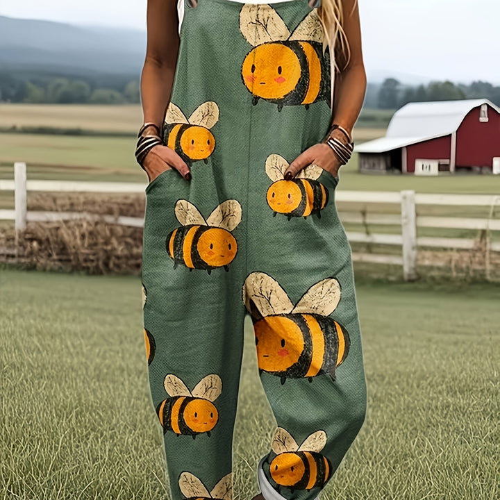 Groene Jumpsuit met Cartoon Bijenpatroon - 0578