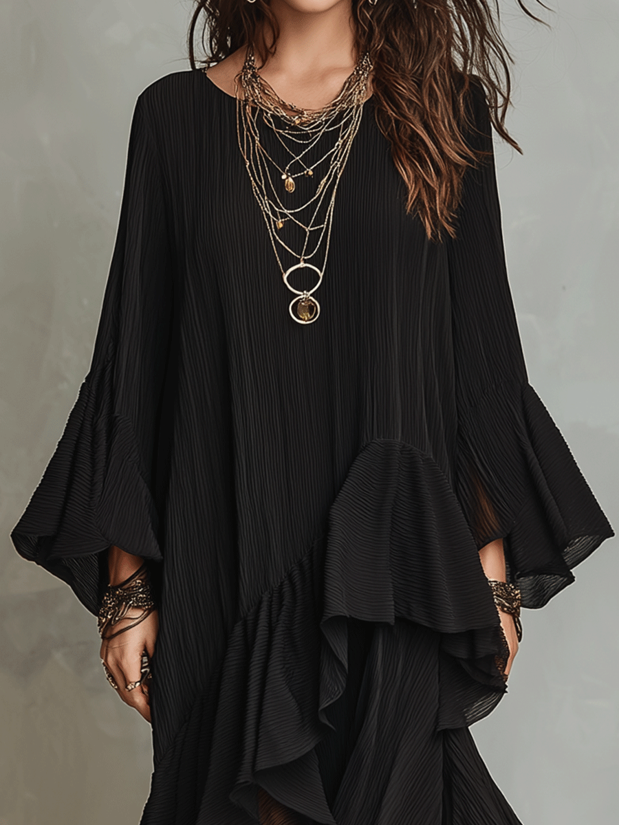 Elegant Asymmetrical Ruffle Black Boho Midi Dress