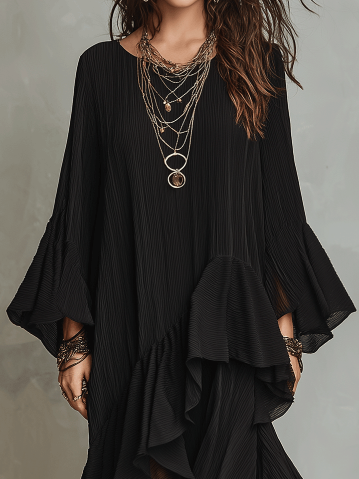 Elegant Asymmetrical Ruffle Black Boho Midi Dress