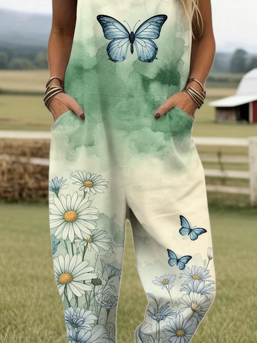 Plus Size - Plus Size - Plus Size, Dames Volledig Bedrukte Overalls Jumpsuit Vlinder Madeliefje Print Jumpsuit Dames Boho Zomer Overalls Bloemen Tuin Outfit Casual Losse Broek Print Romper met Zakken, Geschikt voor Lente Zomer Herfst