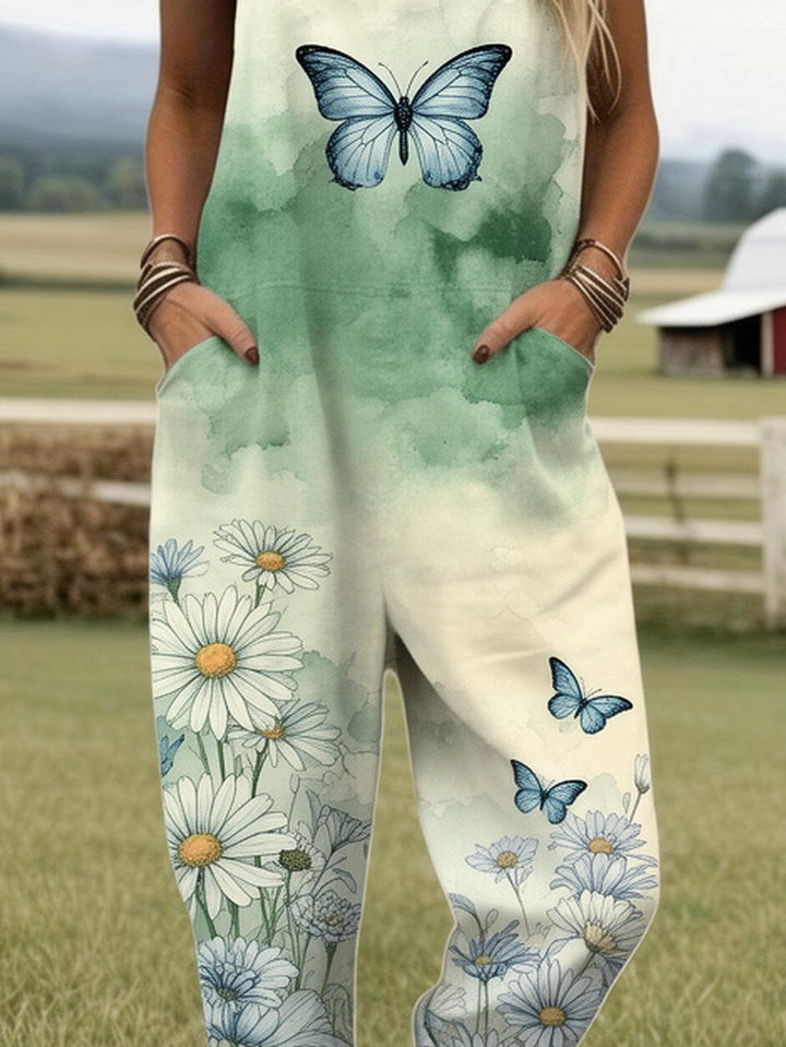 Plus Size - Plus Size - Plus Size, Dames Volledig Bedrukte Overalls Jumpsuit Vlinder Madeliefje Print Jumpsuit Dames Boho Zomer Overalls Bloemen Tuin Outfit Casual Losse Broek Print Romper met Zakken, Geschikt voor Lente Zomer Herfst