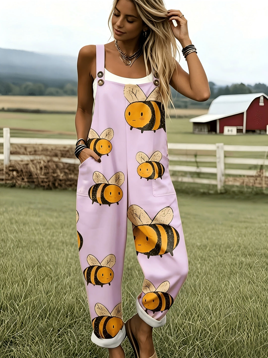 Groene Jumpsuit met Cartoon Bijenpatroon - 0578
