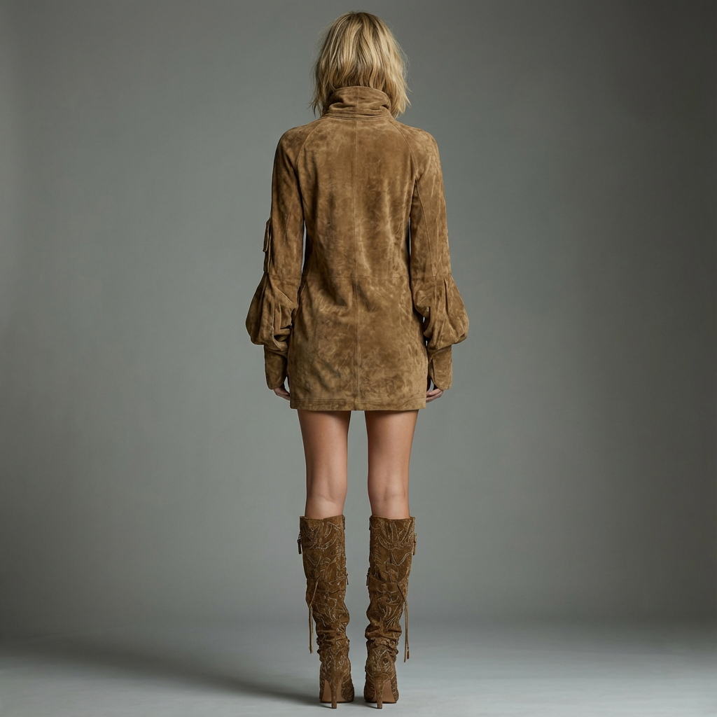 LILLY | SUEDE TURTLENECK MINI DRESS WITH VINTAGE CHARM