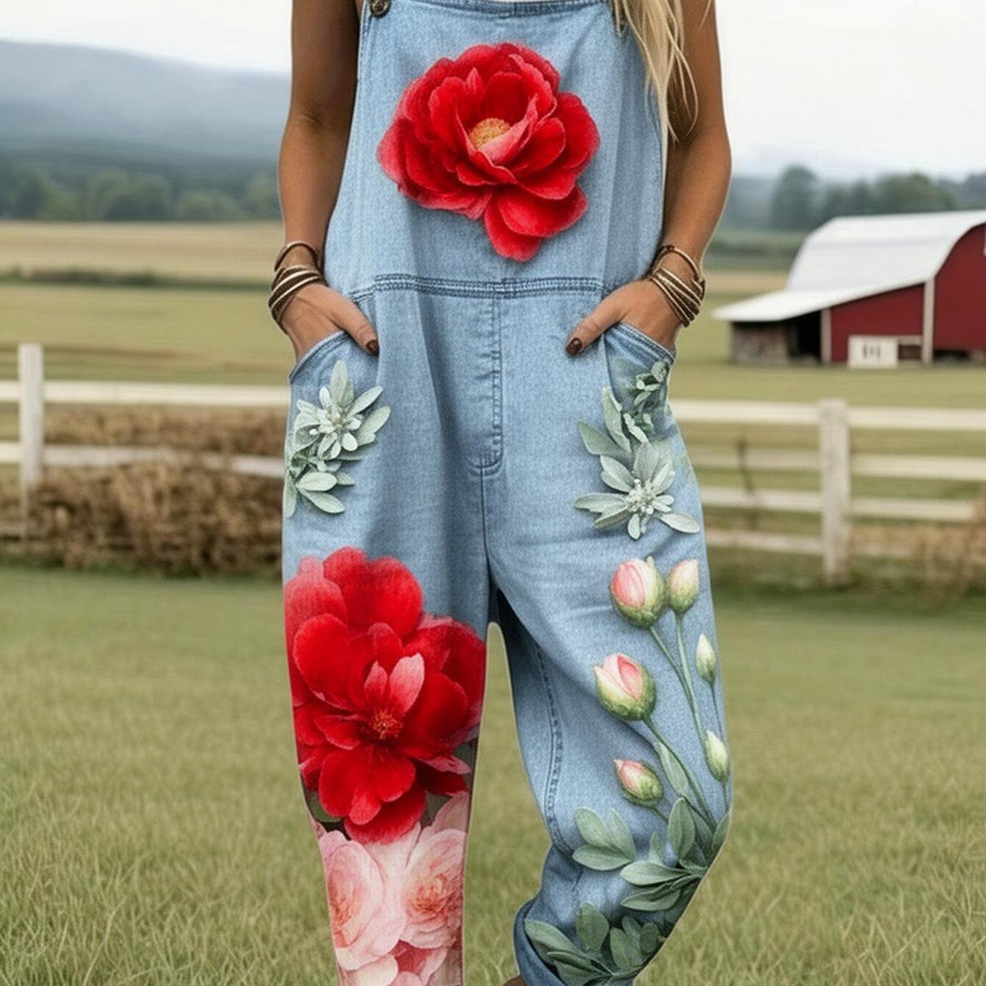 Plus Size - Plus Size - Plus Size, Dames Full Printed Overalls Jumpsuit Bloemen Denim Overalls Dames Boho Stijl Zomer Tuin Look Casual Jumpsuit Fashion Outfit Print Romper met Zakken, Geschikt voor Lente Zomer Herfst