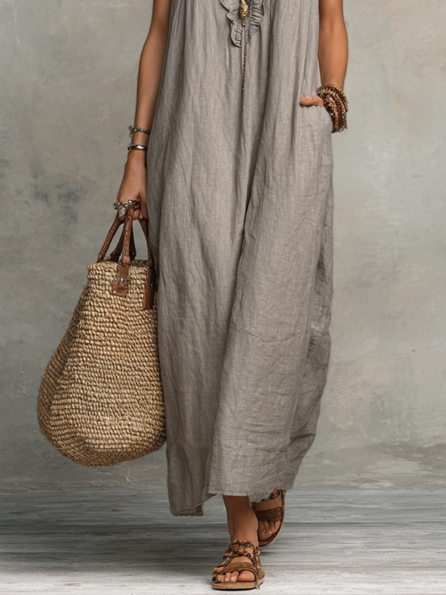 Bohemian Sleeveless Ruffled V-Neck Flowing Maxi Dress