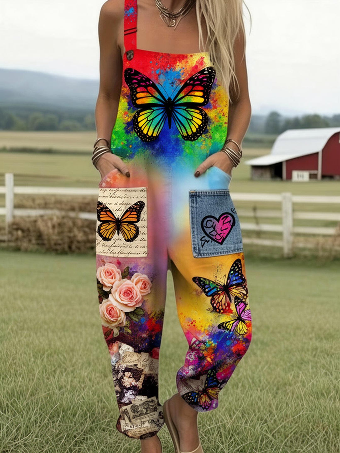 Plus Size - Plus Size - Plus Size, Dames Volledig Bedrukte Overalls Jumpsuit Kleurrijke Vlinderprint Overalls Boho Stijl Dames Jumpsuit Tuinfeest Outfit Zomer Mode Print Romper met Zakken, Geschikt voor Lente Zomer Herfst