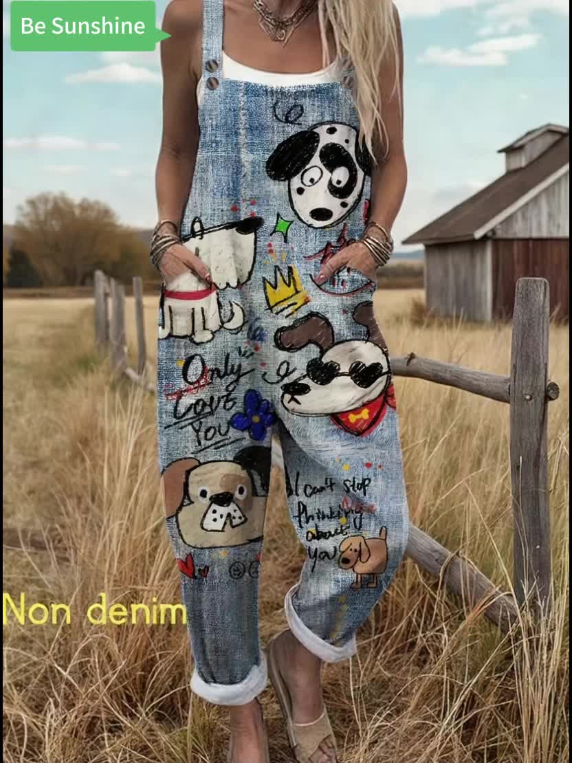 [Bedrukte Broek - Niet Denim Stof] Nieuwe Europese en Amerikaanse Damesmode met Trendy Faux Denim Dierenprint Casual Overalls, Gemaakt van Veelzijdige en Ademende Stof Perfect voor de Herfst