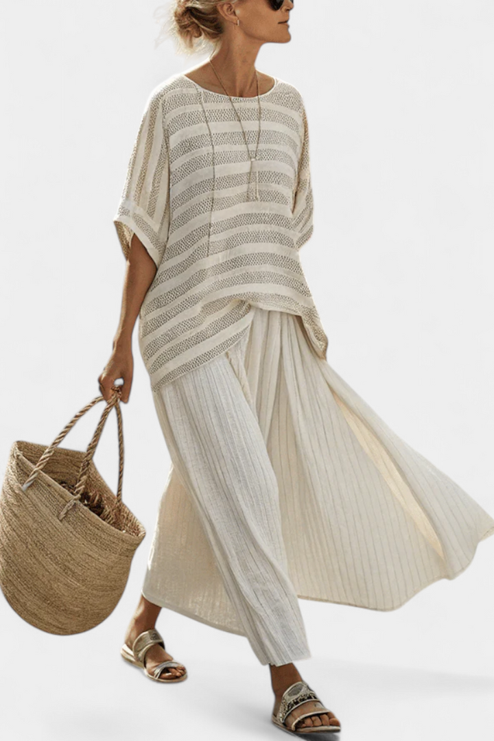 Graziella – Striped top in natural bamboo and fluid linen trousers